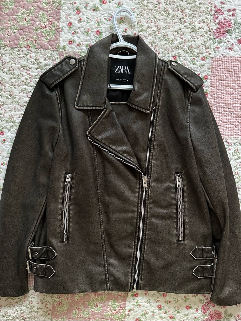 ZARA Grey/Beige Vintage Faux Leather Biker Jacket
